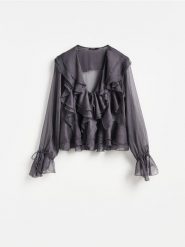 Bluzka z falbanami - ciemnoszary. Szare bluzki damskie Reserved, l, bez wzorów, z tkaniny, bez kołnierzyka, bez ramiączek. Za 139.99 zł.