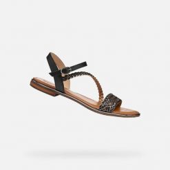 Sandały GEOX D55DQD Czarny. Czarne sandały damskie Geox, bez wzorów, ze skóry, bez obcasa, bez zapięcia. Za 331.99 zł.