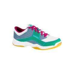 Buty damskie do siatkówki V100 niebiesko-zielone. Niebieskie obuwie sportowe damskie ALLSIX, bez wzorów, z kauczuku, do siatkówki, Adidas Advantage. Za 99.99 zł.