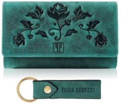 Zestaw prezentowy dla kobiet ZUP-95-GR portfel damski skórzany T-05-GR breloczek vintage T-87-HGR. Portfele damskie Paolo Peruzzi, bez wzorów. Za 168.93 zł.