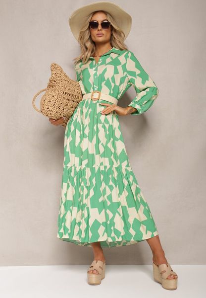 Zielono-Beżowa Koszulowa Sukienka Maxi w Geometryczny Wzór Qerida. Zielone sukienki damskie Renee, na co dzień, l, bez wzorów, bez kołnierzyka, bez ramiączek, maxi, koszulowe. Za 99.99 zł.