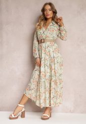 Miętowa Sukienka Maxi z Plecionym Paskiem i Gumką w Talii w Kwiaty Elanisa. Zielone sukienki damskie Renee, l, bez wzorów, bez kołnierzyka, bez ramiączek, maxi, kopertowe. Za 119.99 zł.