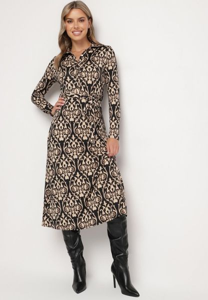 Czarno-Beżowa Sukienka Koszulowa Ozdobiona Ornamentalnym Wzorem Mesilie. Czarne sukienki damskie Born2be, na co dzień, m, bez wzorów, z wiskozy, bez kołnierzyka, bez ramiączek, midi, koszulowe. Za 94.99 zł.