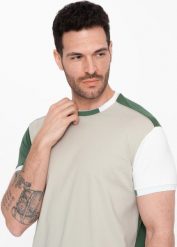 Ombre T-shirt męski z elastanem z kolorowymi rękawami - zielony V5 OM-TSCT-0176 L. Zielone t-shirty męskie Ombre, l, bez wzorów, z elastanu, bez kołnierzyka. Za 99.99 zł.