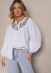 Jasnoniebieska Koszula z Bawełny z Haftem Norretis. Niebieskie bluzki damskie Renee, m, bez wzorów, z bawełny, eleganckie, bez kołnierzyka, bez ramiączek. Za 89.99 zł.