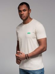 Męski t-shirt bawełniany z zieloną naszywką na piersi złamana biel V5 OM-TSCT-0151 M. Zielone t-shirty męskie Ombre, m, z aplikacjami, z bawełny, bez kołnierzyka. Za 196.65 zł.