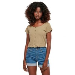 Damska krótka koszulka prążkowana zapinana na guziki Koszulka Urban Classics GT. Zielone koszulki sportowe damskie Urban Classics, bez wzorów, prążkowane, bez kołnierzyka, bez ramiączek. Za 149.50 zł.