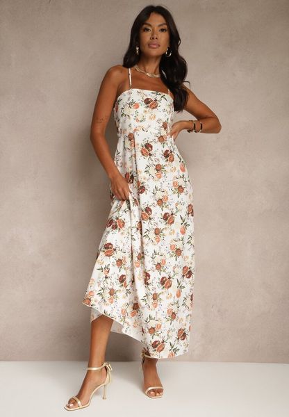 Beżowa Rozkloszowana Sukienka z Wiskozą w Kwiatowy Wzór Nalivie. Brązowe sukienki damskie Renee, na imprezę, na lato, l, bez wzorów, z wiskozy, eleganckie, bez kołnierzyka, bez ramiączek, maxi, rozkloszowane. Za 79.99 zł.