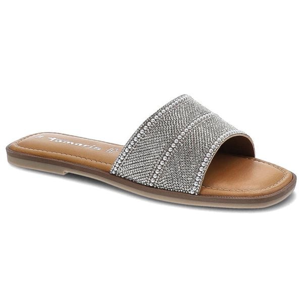 Klapki damskie Tamaris, ze skóry naturalnejprofilowanej wkładce i płaskim obcasie, białe glam, 1-27127-28-172. Białe klapki damskie Tamaris, bez wzorów, ze skóry, glamour, bez obcasa, na płaskiej podeszwie. Za 169.00 zł.