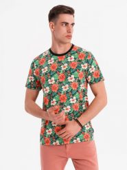 Męski t-shirt bawełniany w kwiatowy wzór full print – czarny V2 OM-TSFP-0249 - XXL. Czarne t-shirty męskie Ombre Clothing, na lato, l, bez wzorów, z bawełny, eleganckie, bez kołnierzyka. W wyprzedaży za 39.99 zł.