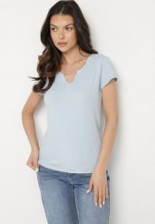 Jasnoniebieski Bawełniany T-shirt z Trójkątnym Dekoltem Ulivaria. Niebieskie bluzki damskie Born2be, l, bez wzorów, z bawełny, bez kołnierzyka. Za 29.99 zł.