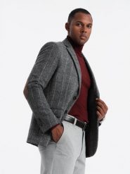 Elegancka męska marynarka w kratkę z domieszką wełny – szara V1 OM-BLZB-0137 - XXL. Szare marynarki męskie Ombre Clothing, bez wzorów, z materiału, eleganckie. Za 251.99 zł.