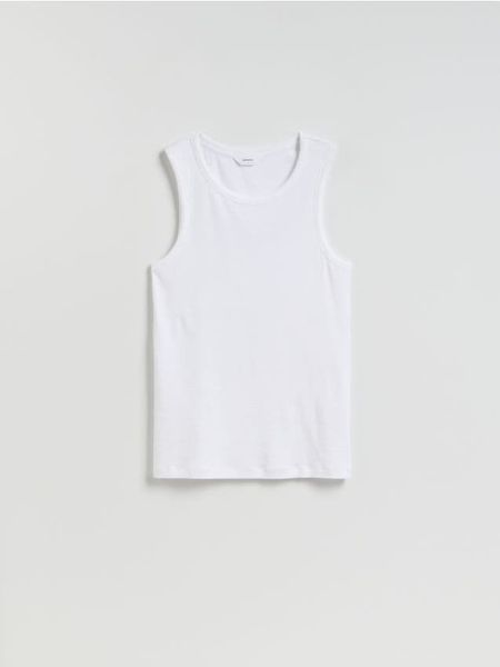 Tank top z wiskozą - biały. Białe t-shirty męskie Reserved, l, bez wzorów, z dzianiny, bez kołnierzyka. W wyprzedaży za 35.99 zł.