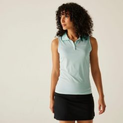 Damska koszulka polo bez rękawów Tima II. Zielone koszulki sportowe damskie Regatta, bez wzorów, z poliesteru, bez kołnierzyka, bez ramiączek. Za 109.50 zł.