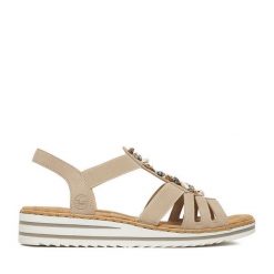 Sandały Rieker. Brązowe sandały damskie Rieker, bez wzorów, bez obcasa, na koturnie, bez zapięcia. Za 319.99 zł.