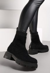 Czarne Botki na Grubej Podeszwie z Elastyczną Cholewką Kirel. Czarne botki damskie Renee, eleganckie, bez obcasa, na płaskiej podeszwie, bez zapięcia. Za 44.99 zł.