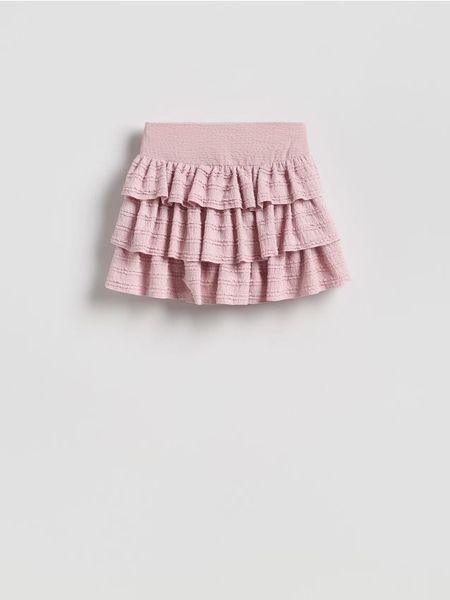 Spódnica mini z falbanami - pastelowy róż. Czerwone spódnice damskie Reserved, l, bez wzorów, z dzianiny, mini, rozkloszowane. Za 89.99 zł.
