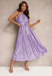 Fioletowa Sukienka Plisowana z Paskiem w Talii na Cienkich Ramiączkach Wasea. Fioletowe sukienki damskie Renee, na co dzień, m, bez wzorów, z jeansu, eleganckie, bez kołnierzyka, bez ramiączek, midi, plisowane. Za 49.99 zł.