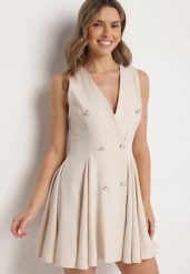 Beżowa Sukienka Bez Rękawów o Rozkloszowanym Kroju z Ozdobnymi Guzikami Palanea. Brązowe sukienki damskie Born2be, na co dzień, m, bez wzorów, eleganckie, bez kołnierzyka, bez ramiączek, mini, rozkloszowane. Za 139.99 zł.