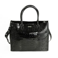 Elegancka skórzana torba damska tote Solier FL62 Silvana czarna. Czarne torby na ramię damskie bez wzorów, z lakierowanej skóry, eleganckie, lakierowane, bez dodatków. Za 296.99 zł.