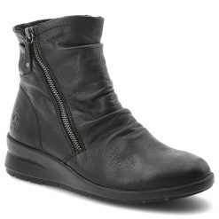 Botki damskie Rieker o wygodnym fasonie z marszczoną cholewką ozdobnym zamkiem i lekką podeszwą czarne, L4864-00 Black. Czarne kozaki damskie Rieker, z jeansu, bez obcasa. Za 373.99 zł.