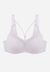 Biały Biustonosz z Siateczkową Wstawką i Ozdobnymi Paskami przy Dekolcie Sabesa. Białe biustonosze Renee, bez wzorów, z jeansu. Za 49.99 zł.