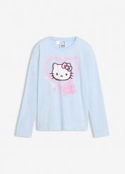 Koszulka z długim rękawem z motywem Hello Kitty, z czystej bawełny. Niebieskie t-shirty i topy dla dziewczynek bonprix, bez wzorów, z bawełny, bez ramiączek. Za 74.99 zł.