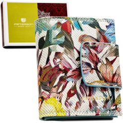 Mały, poręczny portfel damski ze skóry naturalnej w kwiatowy wzór - Peterson. Niebieskie portfele damskie Peterson, bez wzorów, ze skóry. Za 109.99 zł.