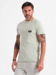 Casualowy męski t-shirt z naszywką na kieszeni – jasnoszary V2 OM-TSCT-0109 - XXL. Szare t-shirty męskie Ombre Clothing, l, z aplikacjami, z bawełny, bez kołnierzyka. Za 77.99 zł.