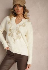 Jasnobeżowy Sweter z Wełną i Metalicznym Wzorem w Kwiaty Senithea. Brązowe swetry damskie Renee, na jesień, m, bez wzorów, z jeansu, casualowe, bez kołnierzyka, bez ramiączek, długie, bez kaptura. Za 139.99 zł.