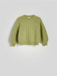 Sweter z warkoczowym splotem - zielony. Zielone swetry damskie Reserved, l, bez wzorów, z dzianiny, bez kołnierzyka, bez ramiączek, bez kaptura. W wyprzedaży za 89.99 zł.