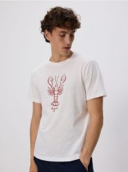 T-shirt regular z lnem - biały. Białe t-shirty męskie Reserved, l, bez wzorów, z dzianiny, bez kołnierzyka. W wyprzedaży za 79.99 zł.