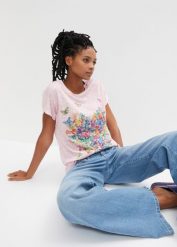 Shirt z nadrukiem w motyle. Szare t-shirty damskie bonprix, bez wzorów, bez kołnierzyka. Za 69.99 zł.