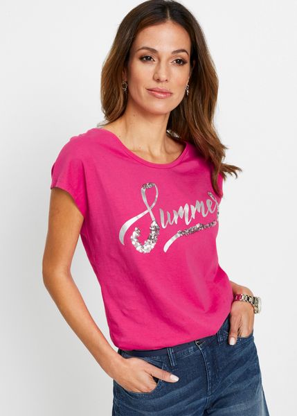 Shirt z cekinami. Żółte bluzki damskie bonprix, bez wzorów, bez kołnierzyka, bez ramiączek. Za 39.99 zł.