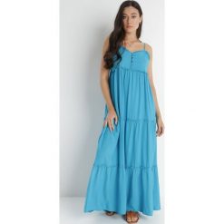 Niebieska Sukienka Cilaris. Niebieskie sukienki damskie Born2be, na lato, m, bez wzorów, z tkaniny, bez kołnierzyka, bez ramiączek, maxi, rozkloszowane. Za 29.99 zł.