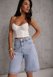 Jasnoniebieskie Jeansowe Szorty Casual Typu Jorts High Waits z Bawełny Nysalina. Niebieskie szorty damskie Renee, xl, bez wzorów, z bawełny, casualowe, z podwyższonym stanem. Za 99.99 zł.