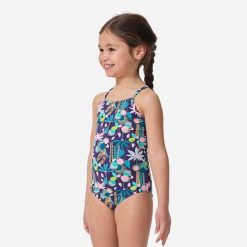 Kostium kąpielowy jednoczęściowy surfingowy dla dzieci Decathlon 100Hanalei June. Stroje kąpielowe dla dziewczynek Decathlon, bez wzorów, z elastanu. Za 39.99 zł.