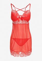 Czerwona Koszula Nocna z Ozdobną Koronką i Stringami Ruscus. Czerwone koszule nocne damskie Renee, m, bez wzorów, z koronki. Za 44.99 zł.