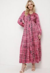 Fuksjowa Sukienka Maxi z Gumką w Talii i Plisowanym Dołem w Tweedowy Wzór Viostana. Czerwone sukienki damskie Born2be, na co dzień, l, bez wzorów, eleganckie, bez kołnierzyka, bez ramiączek, maxi, plisowane. Za 149.99 zł.