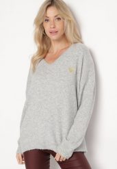 Szary Sweter z Wełną i Trójkątnym Dekoltem Zivida. Szare swetry damskie Born2be, bez wzorów, z jeansu, eleganckie, bez kołnierzyka, bez ramiączek, długie, bez kaptura. Za 129.99 zł.
