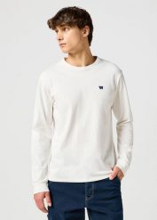WRANGLER MĘSKA KOSZULKA LS SIGN OFF TEE WORN WHITE 112357431 W7E4017361. Białe koszulki polo męskie Wrangler, m, bez wzorów, bez ramiączek. Za 89.99 zł.