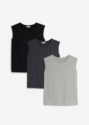 Tank top z bawełny organicznej (3 sztuki). Szare koszule dla chłopców bonprix, bez wzorów, z bawełny, bez kołnierzyka, bez ramiączek. Za 64.99 zł.