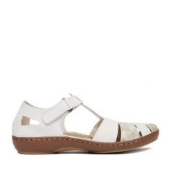 Sandały Rieker. Białe sandały damskie Rieker, bez wzorów, bez obcasa, na płaskiej podeszwie, bez zapięcia. Za 339.99 zł.