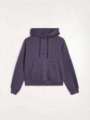 Dresowa bluza hoodie z kieszenią i haftowanym napisem - niebieski. Niebieskie bluzy damskie Sinsay, l, bez wzorów, z dresówki, bez kaptura. Za 39.99 zł.