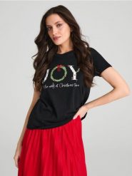 Koszulka świąteczna - czarny. Czarne t-shirty damskie Sinsay, l, bez wzorów, z bawełny, wizytowe, bez kołnierzyka. Za 19.99 zł.