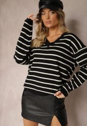 Czarno-Beżowy Sweter z Dodatkiem Wiskozy Ozdobiony Paskami i Ściągaczami Tariline. Czarne swetry damskie Renee, s, bez wzorów, z jeansu, casualowe, bez kołnierzyka, bez ramiączek, długie, bez kaptura. Za 74.99 zł.