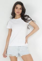 Biały Basicowy T-shirt Acatine. Białe bluzki damskie Born2be, uniwersalny, bez wzorów, bez kołnierzyka, bez ramiączek. Za 29.99 zł.