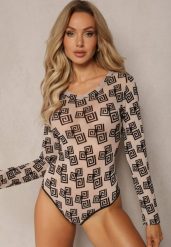 Ciemnobeżowe Body z Siateczki w Geometryczny Print Loreali. Brązowe bluzki damskie Renee, l, bez wzorów, eleganckie, bez kołnierzyka, bez ramiączek. Za 39.99 zł.