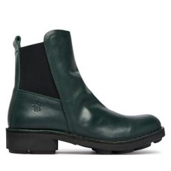 Botki Fly London. Zielone botki damskie Fly London, bez obcasa, na słupku, bez zapięcia. Za 749.99 zł.