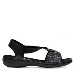 Sandały Rieker. Czarne klapki damskie Rieker, bez wzorów, bez obcasa, na płaskiej podeszwie, bez zapięcia. Za 289.99 zł.